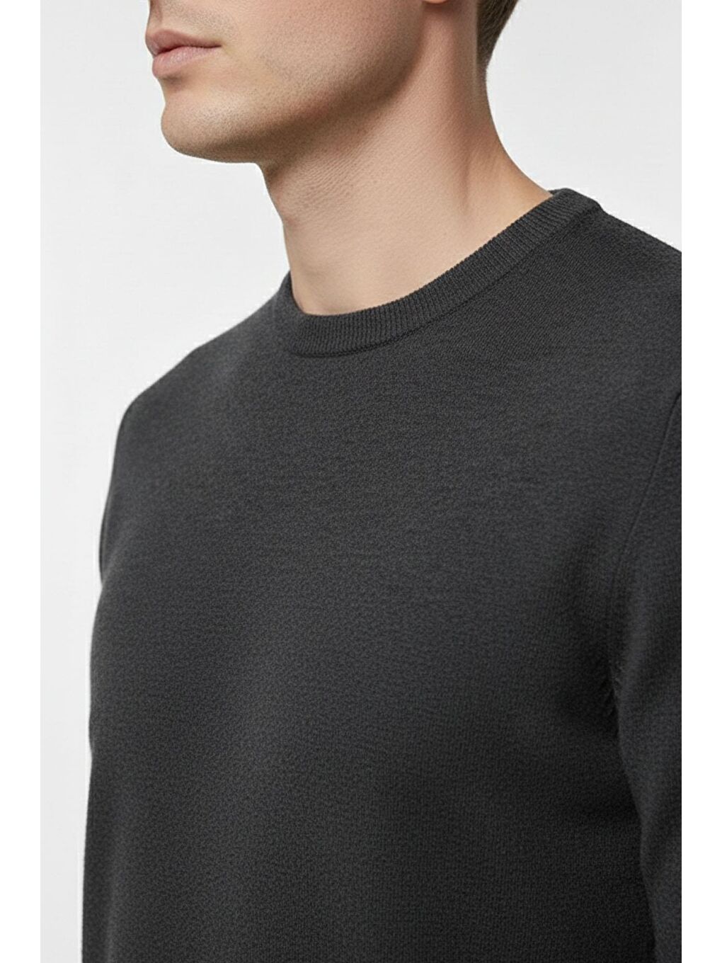 Gri Antrasit Regular Fit Pamuklu Bisiklet Yaka Erkek Triko Kazak-2