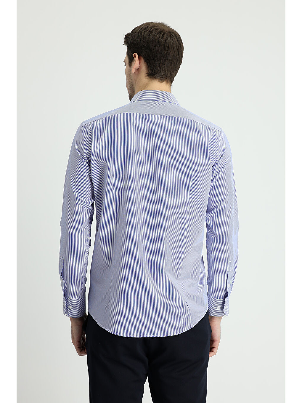 Mavi Uzun Kol Slim Fit Dar Kesim Çizgili Pamuklu Kolay Ütülenebilir Gömlek-2