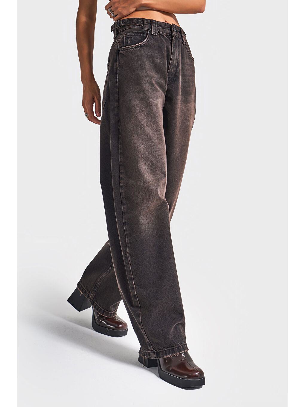 Kahverengi Kadın Koyu Kahve Jean Rengi Lotus 2w5-62 Baggy Fit %100 Pamuk Denim Jean