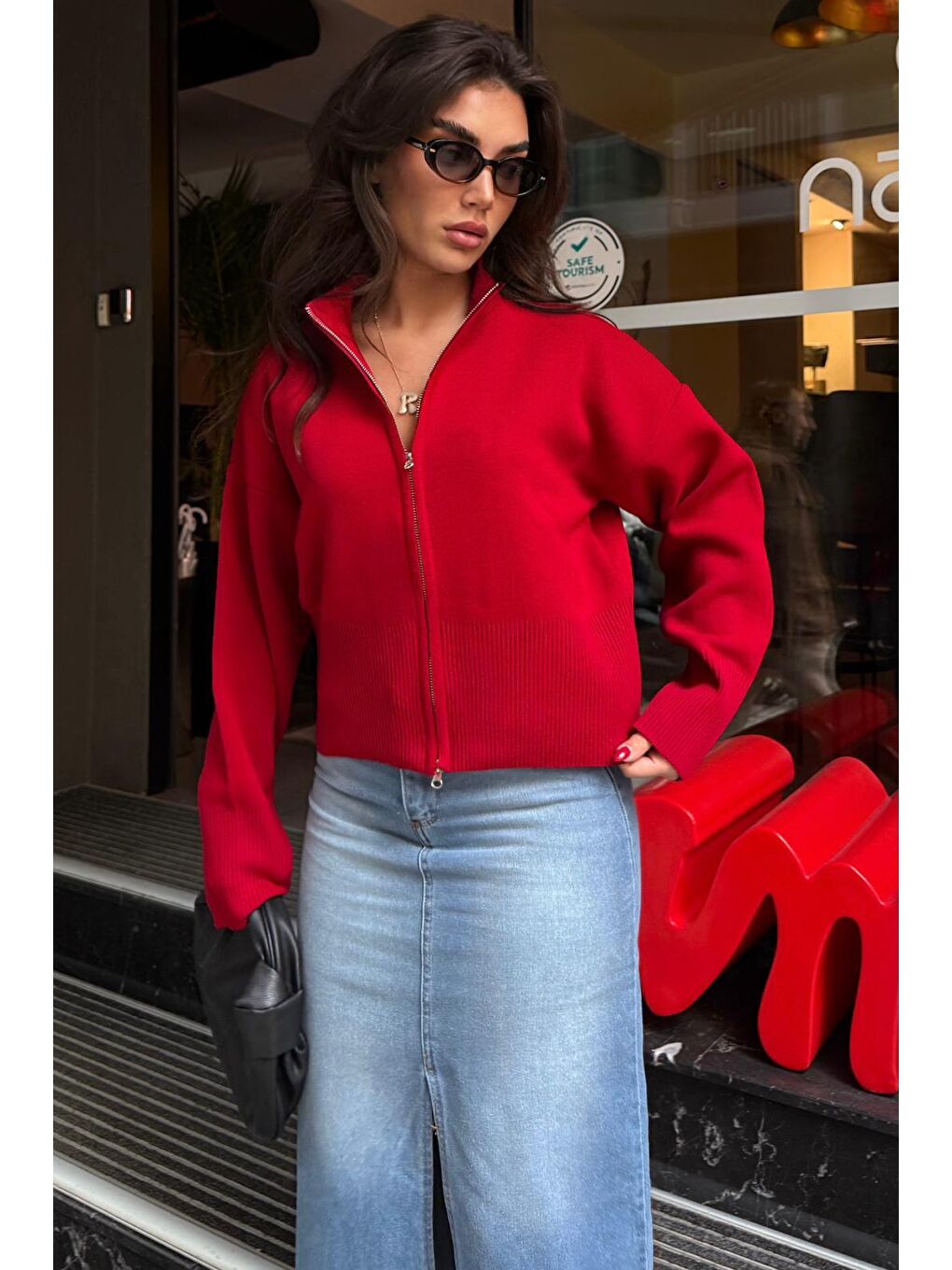 Kırmızı Çift Fermuarlı Dik Yaka Kadın Triko Hırka Mg2505-3