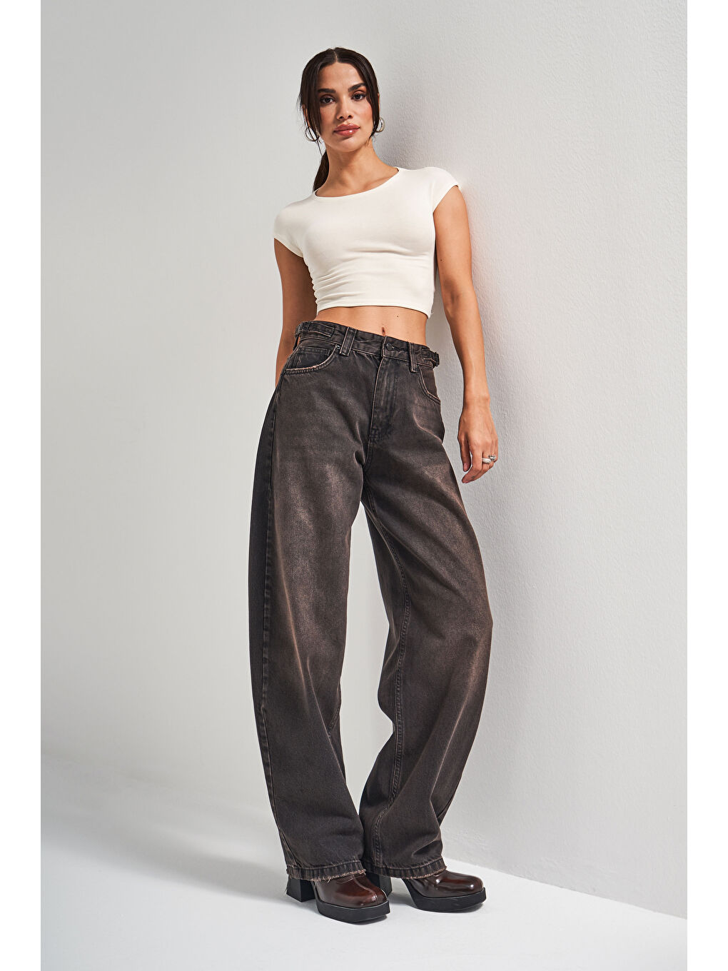 Kahverengi Kadın Koyu Kahve Jean Rengi Lotus 2w5-62 Baggy Fit %100 Pamuk Denim Jean-1