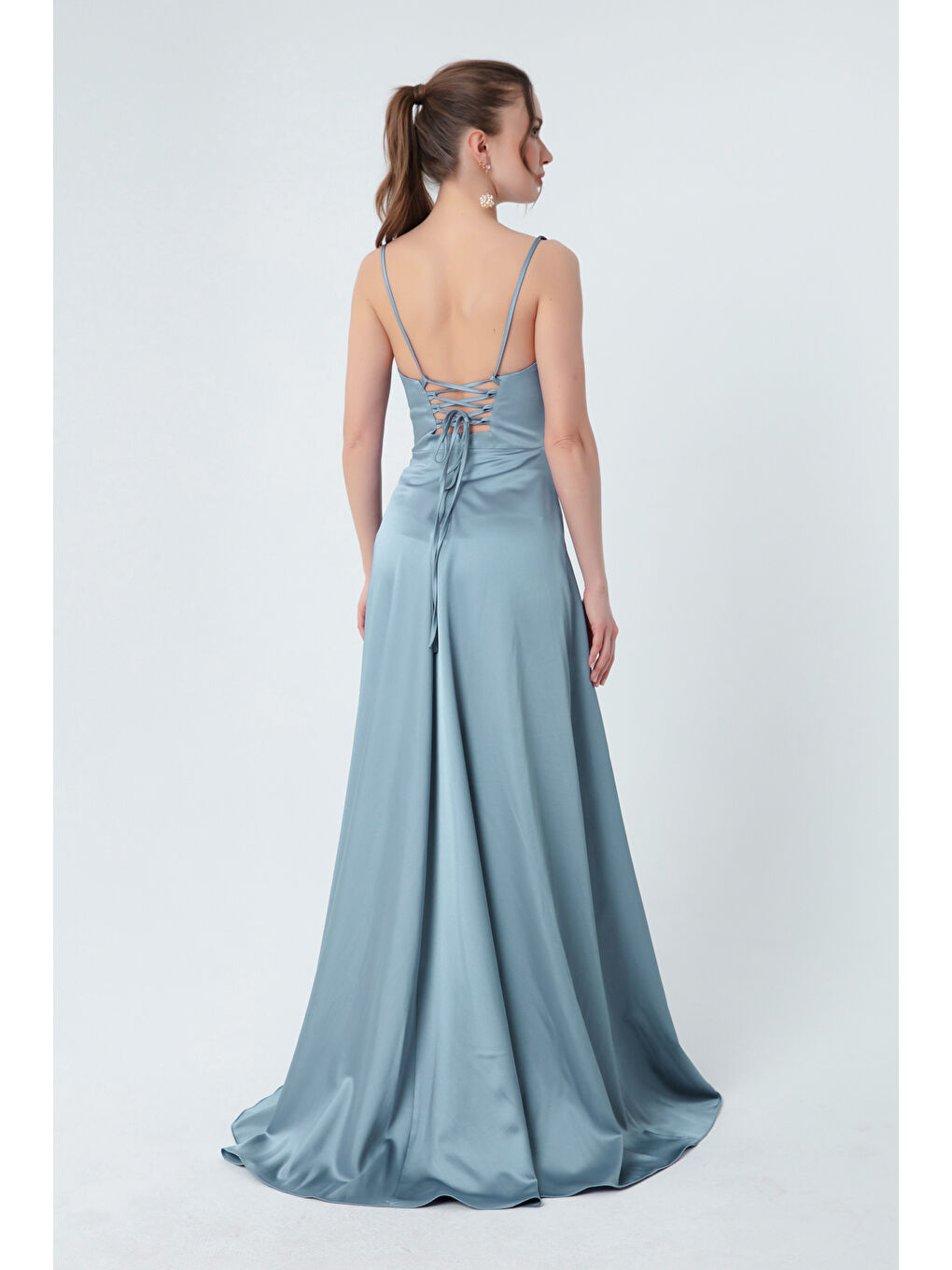 Kadın Bebe Mavi Volanlı Yırtmaçlı Saten Abiye & Mezuniyet Elbisesi-4