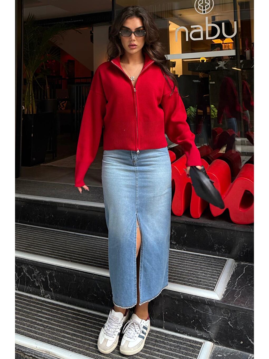 Kırmızı Çift Fermuarlı Dik Yaka Kadın Triko Hırka Mg2505-4