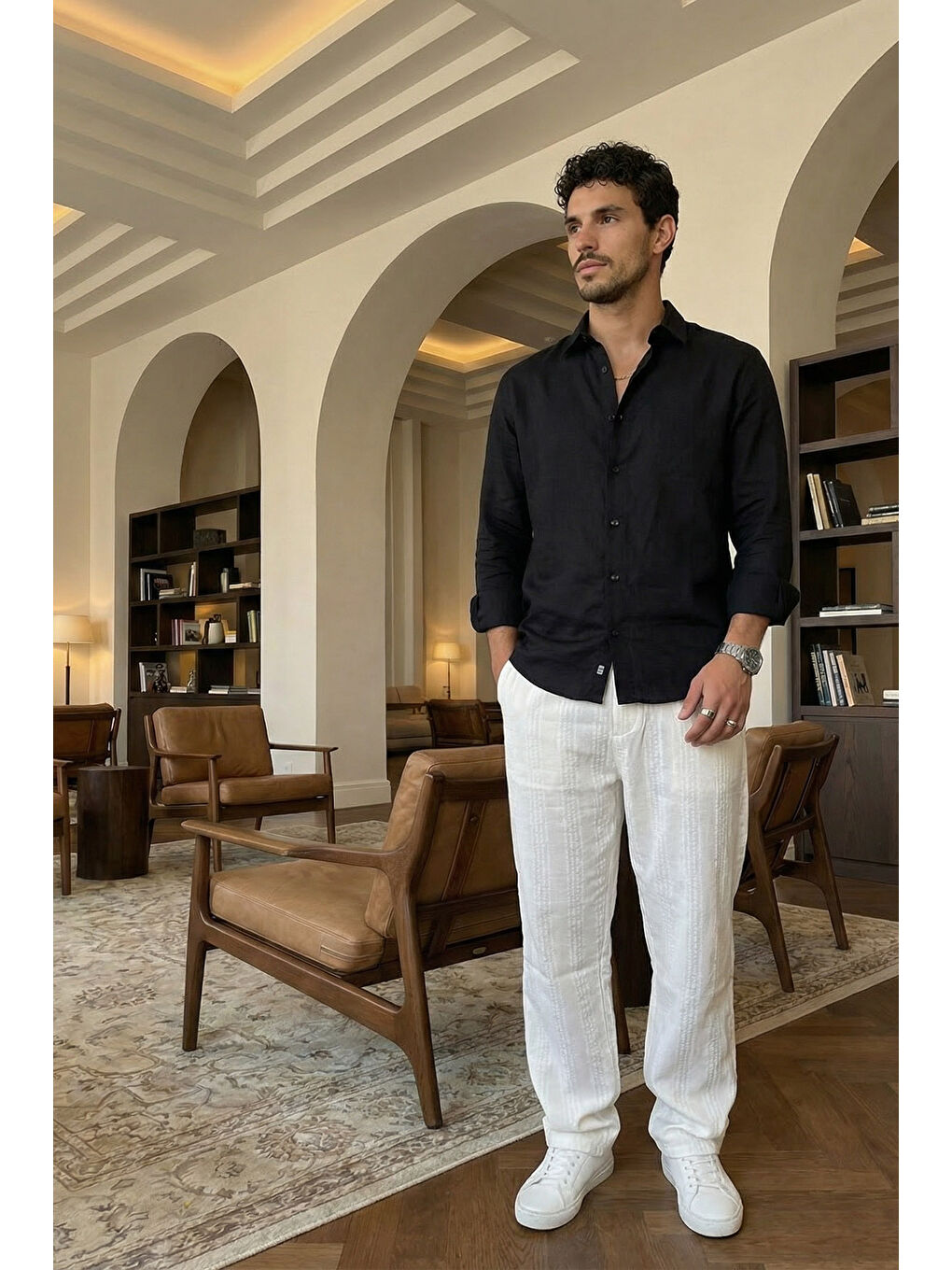 Beyaz Bunga Desenli Keten Görünümlü Lastikli Erkek Pantolon-1