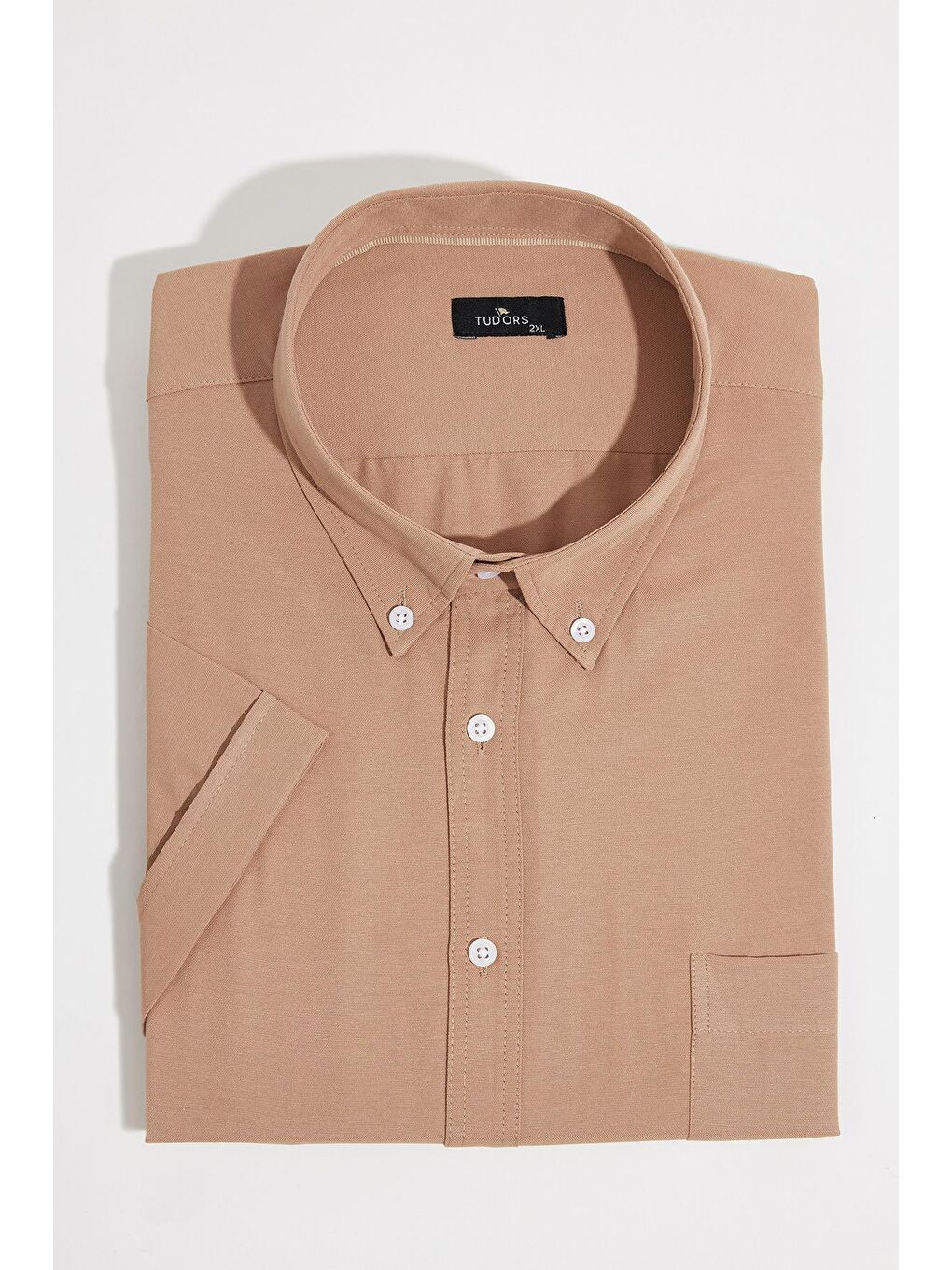 Erkek Büyük Beden Kısa Kol  Yaka Düğmeli Pamuklu Cepli Düz Kahverengi Gömlek