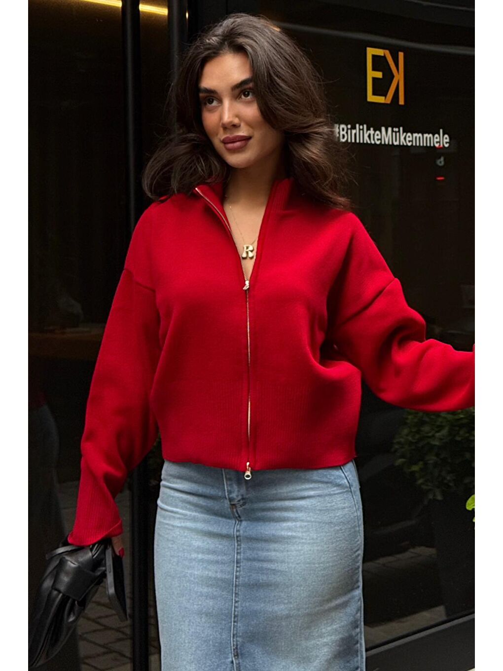 Kırmızı Çift Fermuarlı Dik Yaka Kadın Triko Hırka Mg2505-5