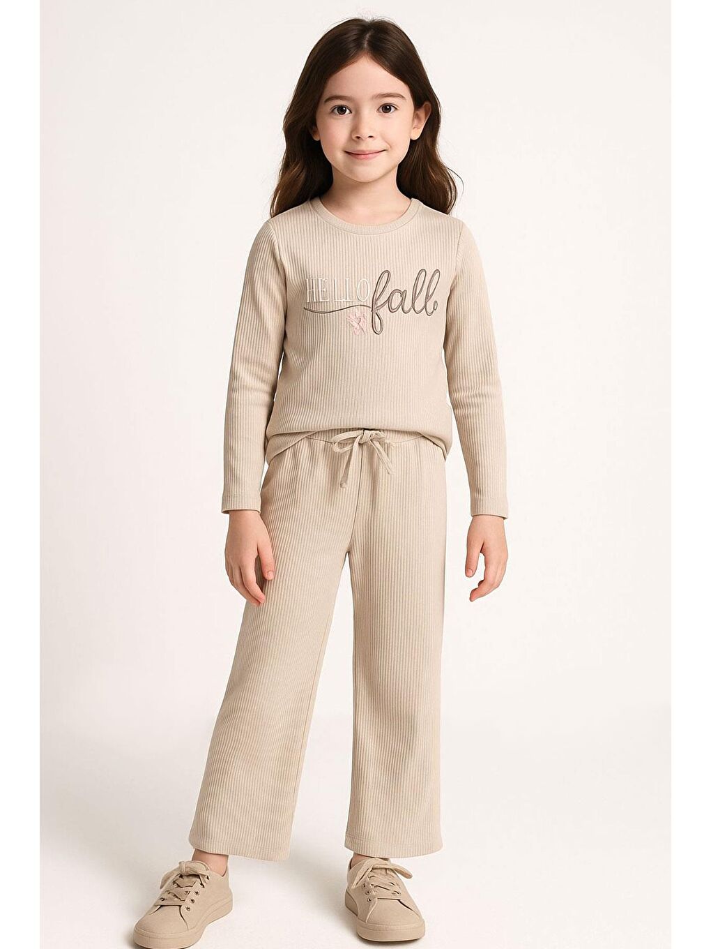 Kız Çocuk Pantolonlu Takımı Yazı Nakışlı Bej (6-8 Yaş)