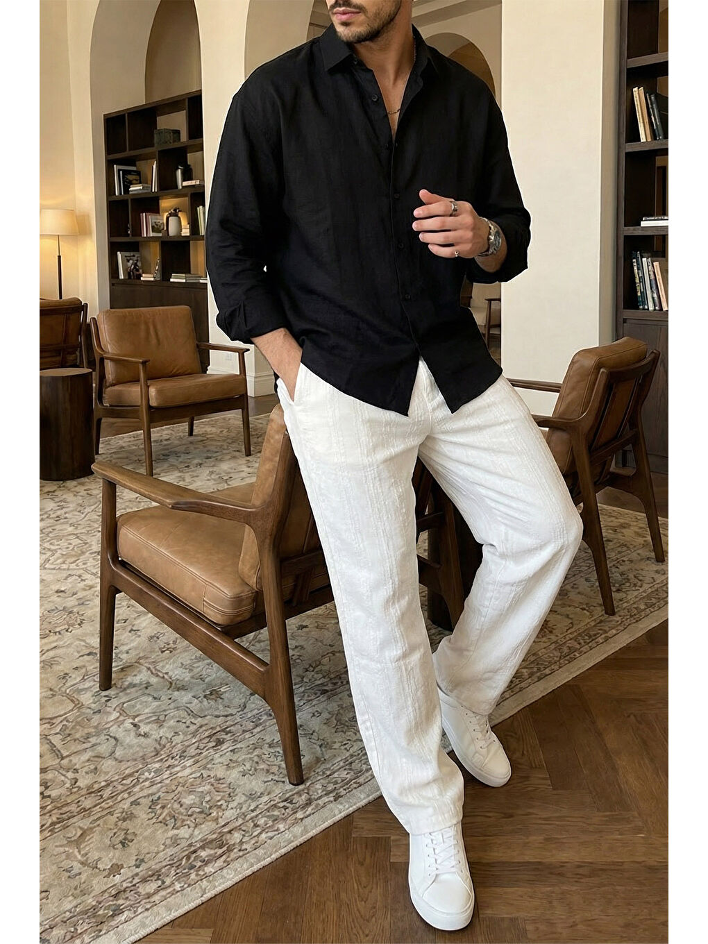 Beyaz Bunga Desenli Keten Görünümlü Lastikli Erkek Pantolon-2