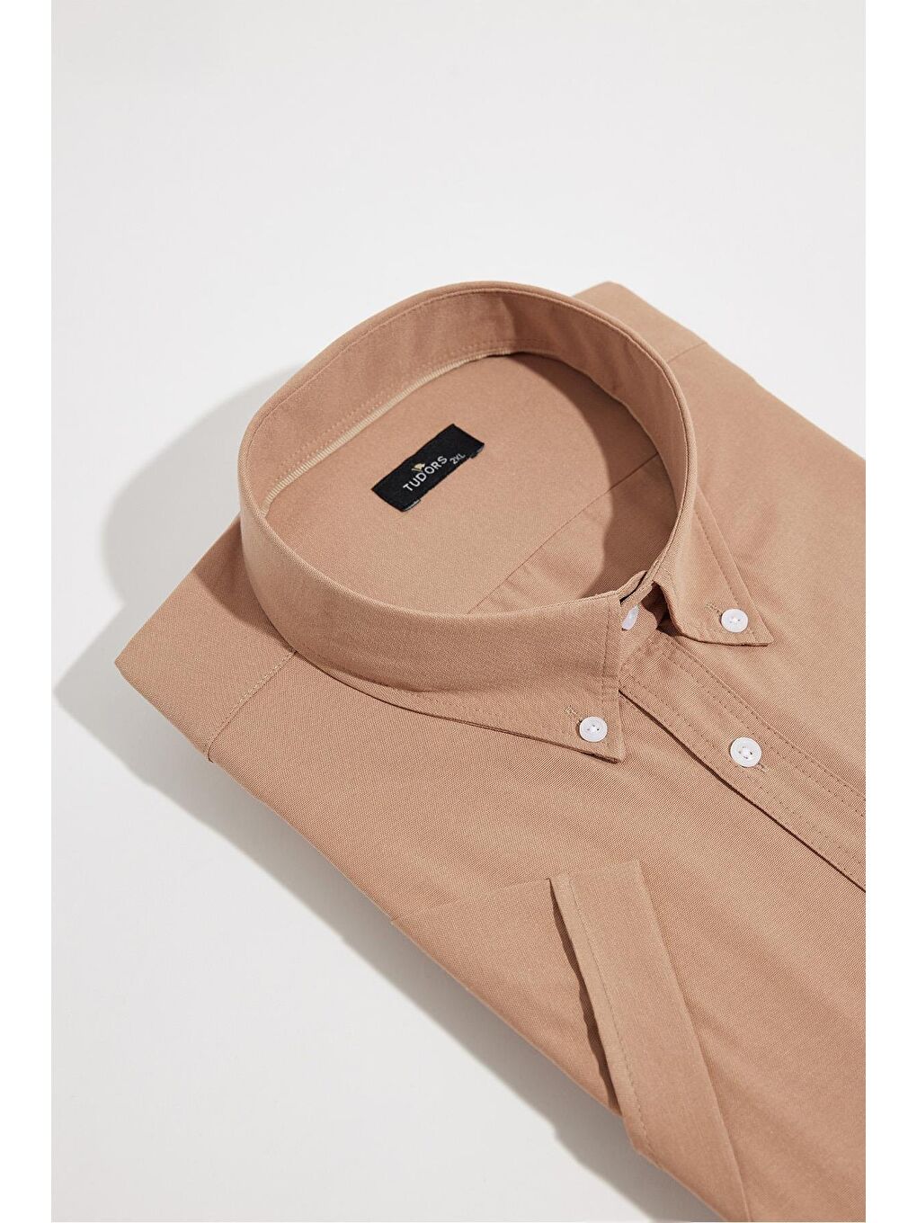 Erkek Büyük Beden Kısa Kol  Yaka Düğmeli Pamuklu Cepli Düz Kahverengi Gömlek-1
