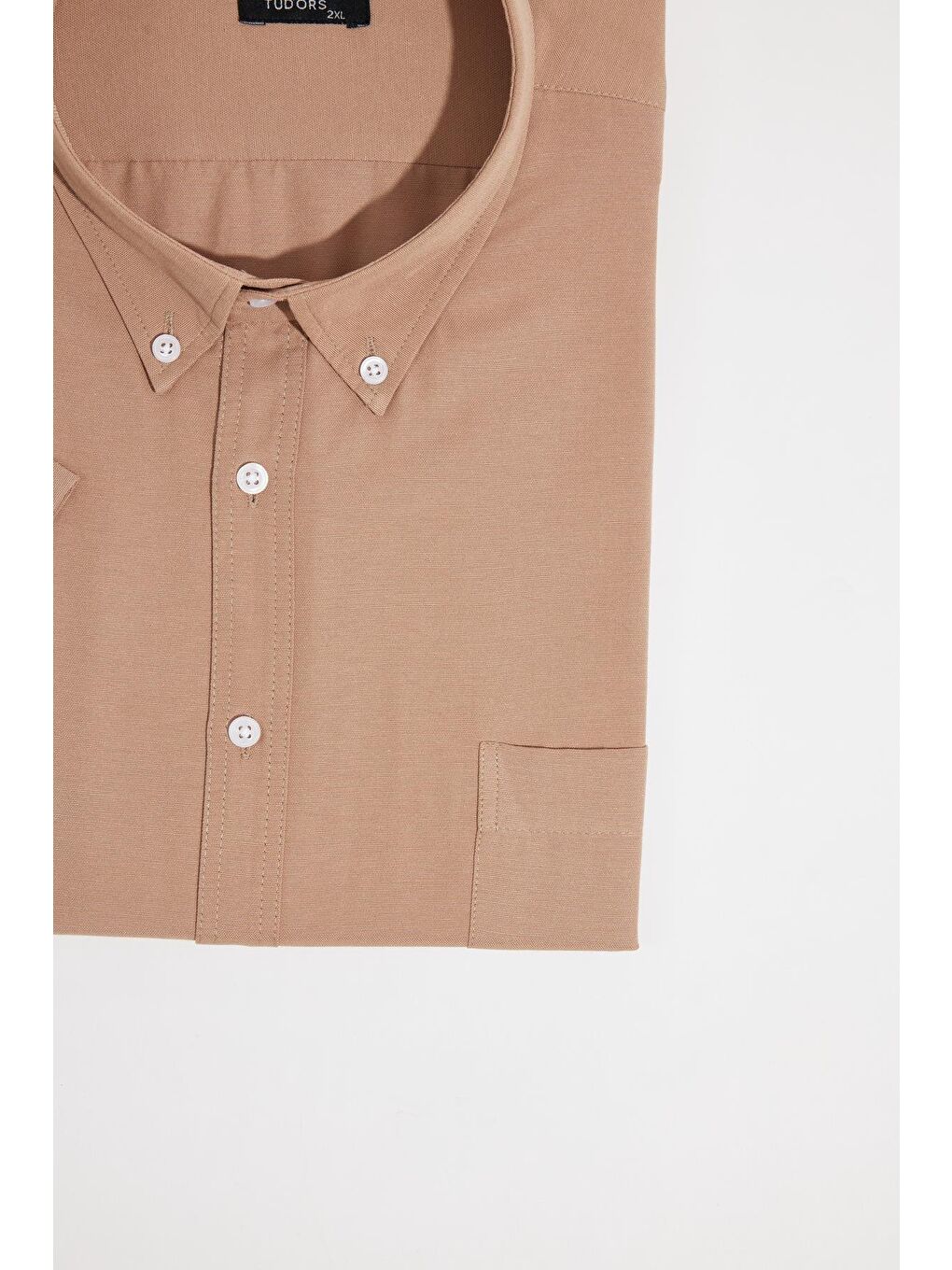 Erkek Büyük Beden Kısa Kol  Yaka Düğmeli Pamuklu Cepli Düz Kahverengi Gömlek-2