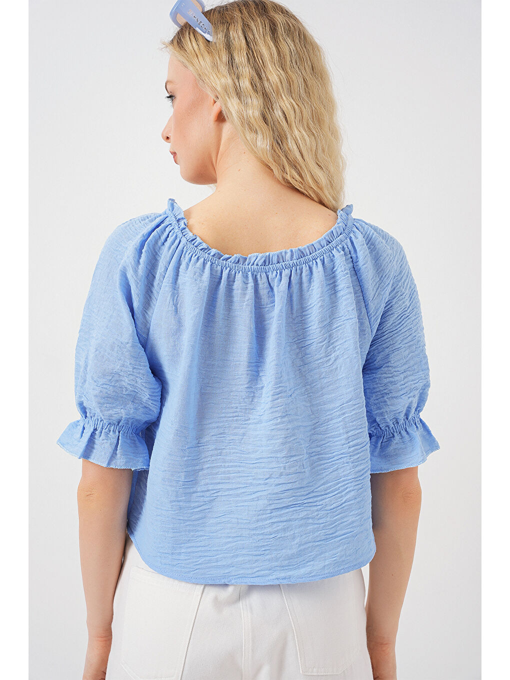 Kadın Yakası Fırfır Detaylı Bluz 959 - Mavi-5