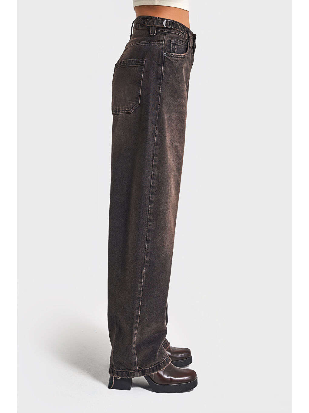 Kahverengi Kadın Koyu Kahve Jean Rengi Lotus 2w5-62 Baggy Fit %100 Pamuk Denim Jean-3