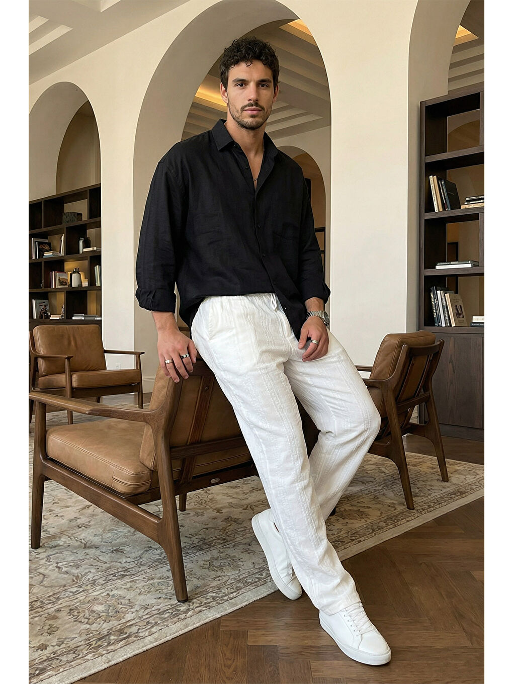 Beyaz Bunga Desenli Keten Görünümlü Lastikli Erkek Pantolon-3