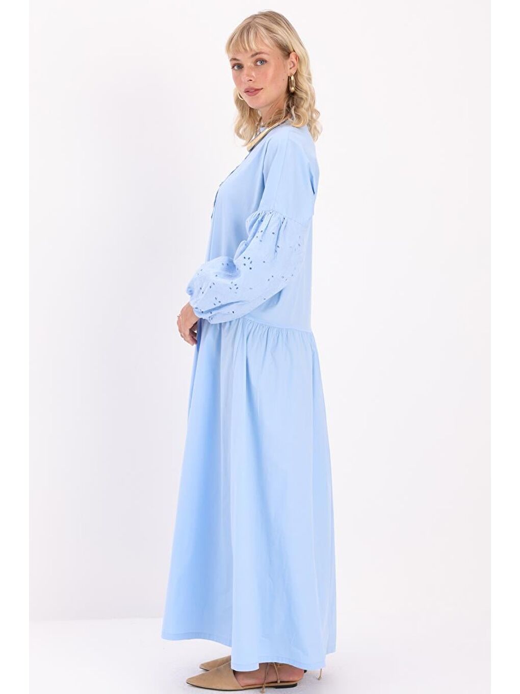 Mavi-Pamuklu Yarım Patlı Fistolu Elbise-2