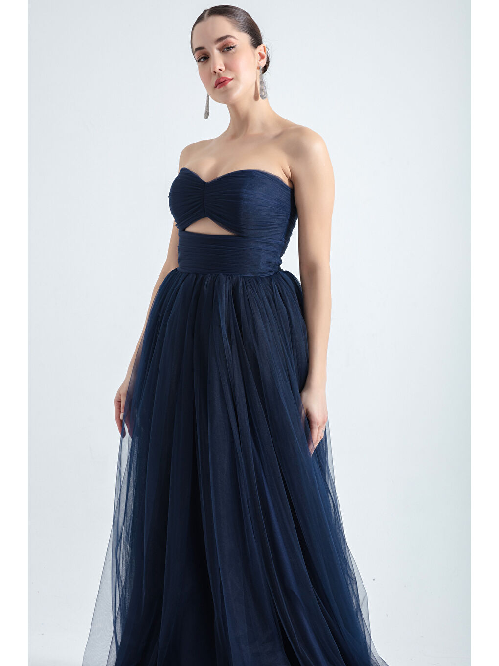 Kadın Lacivert Straplez Tül Abiye Elbise-2