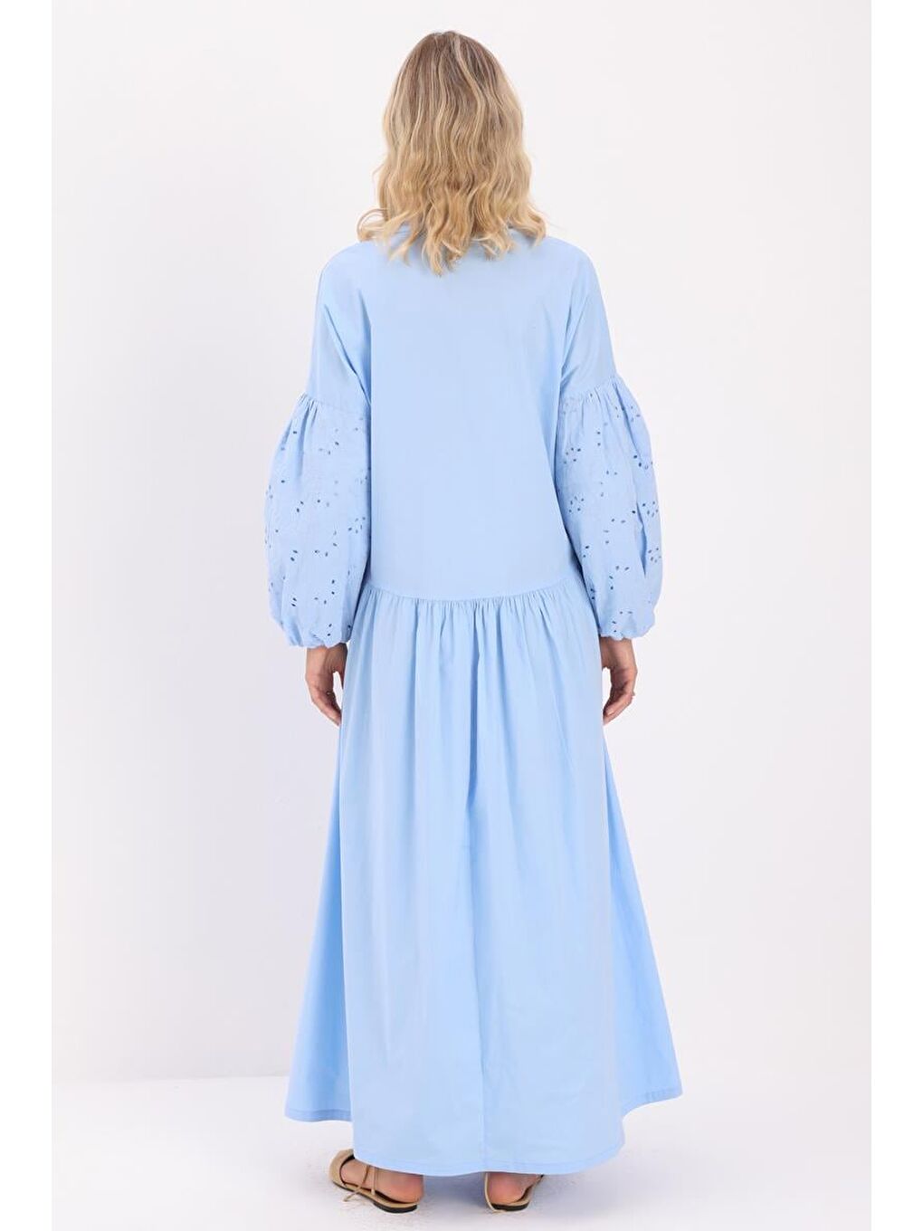 Mavi-Pamuklu Yarım Patlı Fistolu Elbise-3