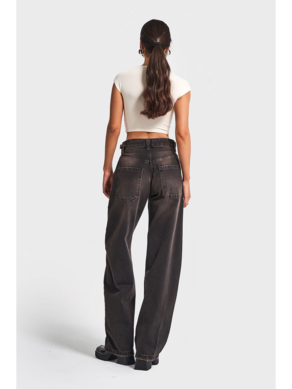 Kahverengi Kadın Koyu Kahve Jean Rengi Lotus 2w5-62 Baggy Fit %100 Pamuk Denim Jean-4