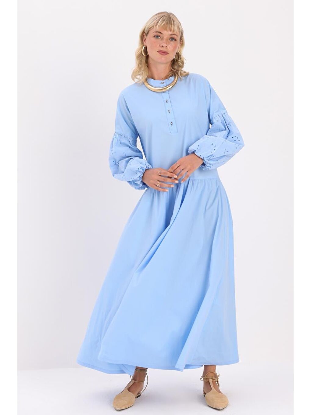Mavi-Pamuklu Yarım Patlı Fistolu Elbise-4