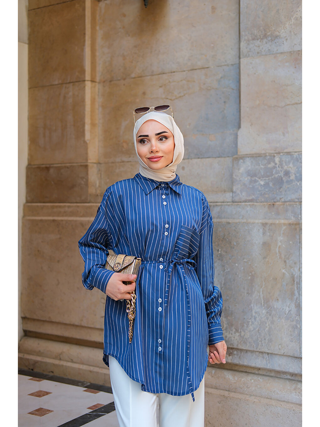 Kadın Çizgili Gömlek Lacivert-2