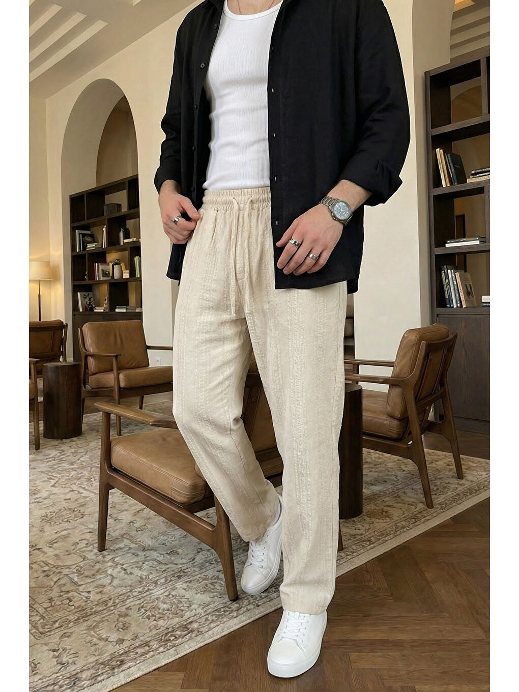 Bej Bunga Desenli Keten Görünümlü Lastikli Erkek Pantolon