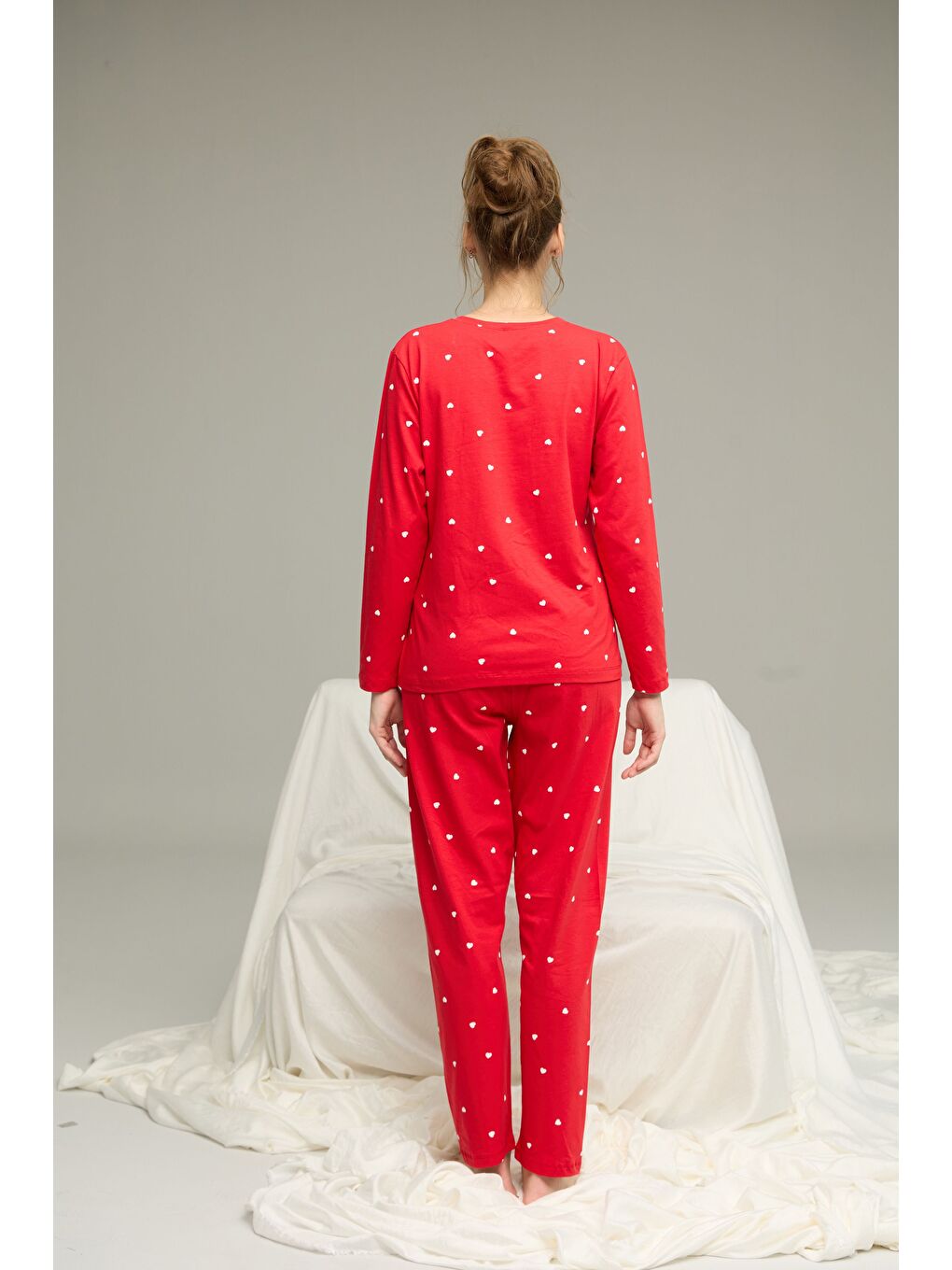 Kırmızı Kalp Desenli Pamuklu Bisiklet Yaka Örme Pijama Takım25241158-1