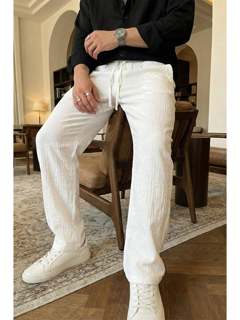 Beyaz Bunga Desenli Keten Görünümlü Lastikli Erkek Pantolon-5