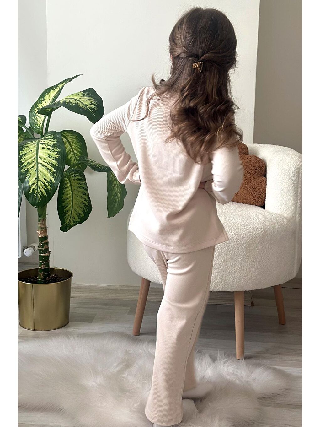 Kız Çocuk Pantolonlu Takımı Yazı Nakışlı Bej (6-8 Yaş)-5