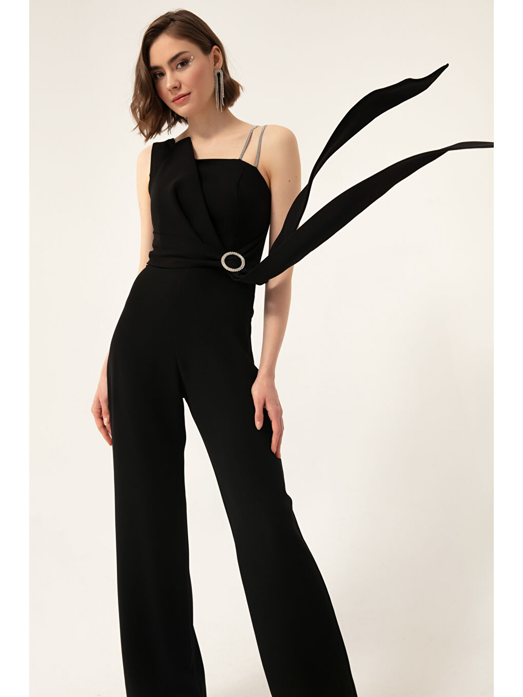 Kadın Siyah Tek Omuz Taşlı Abiye Tulum