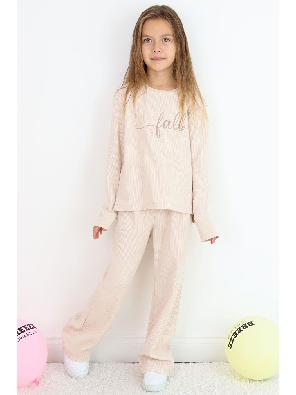 Kız Çocuk Pantolonlu Takımı Yazı Nakışlı Bej (6-8 Yaş)-7