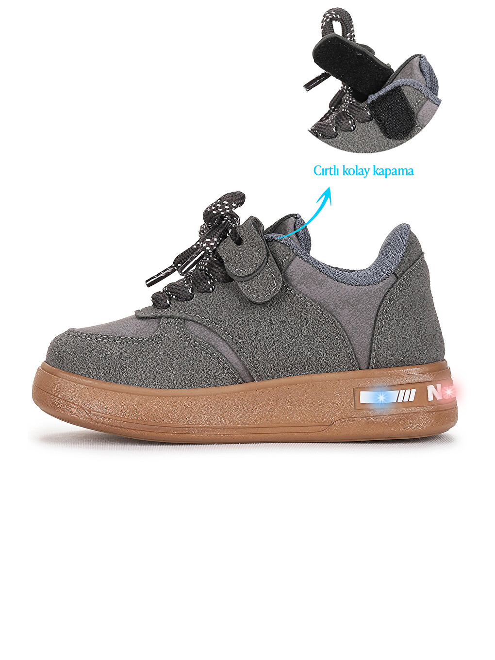 Gri Lacer Cırtlı Bağcıklı Işıklı Erkek Çocuk Spor Ayakkabı-5