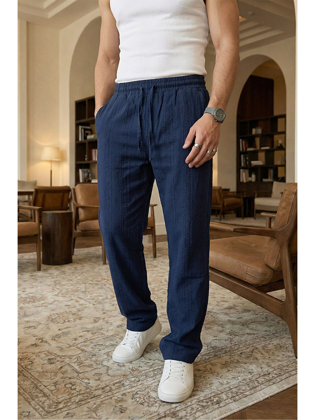 Lacivert Bunga Desenli Keten Görünümlü Lastikli Erkek Pantolon