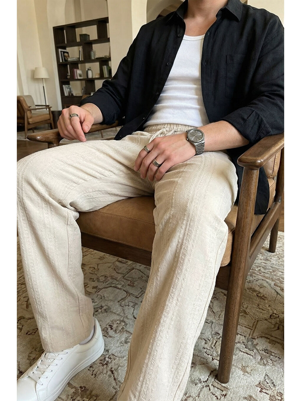 Bej Bunga Desenli Keten Görünümlü Lastikli Erkek Pantolon-1