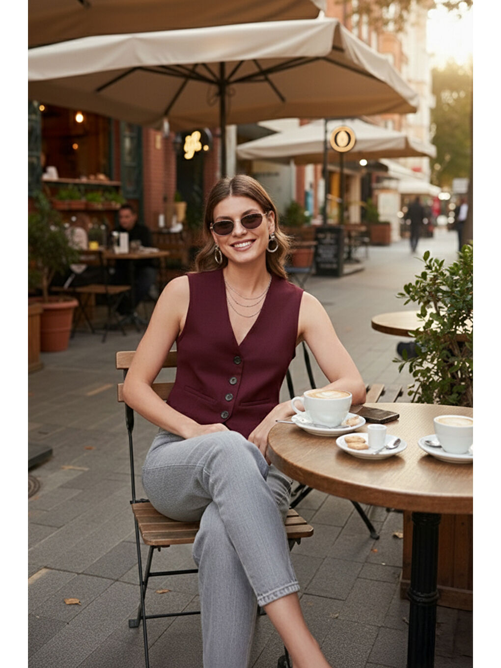 Bordo Streç Fitted Fit V Yaka Düğmeli Kadın Yelek 5865971