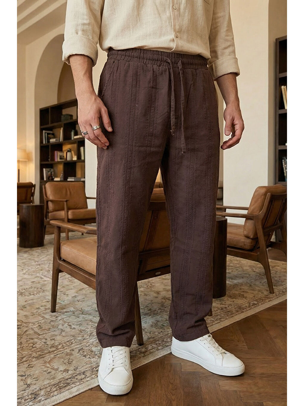 Kahverengi Bunga Desenli Keten Görünümlü Lastikli Erkek Pantolon