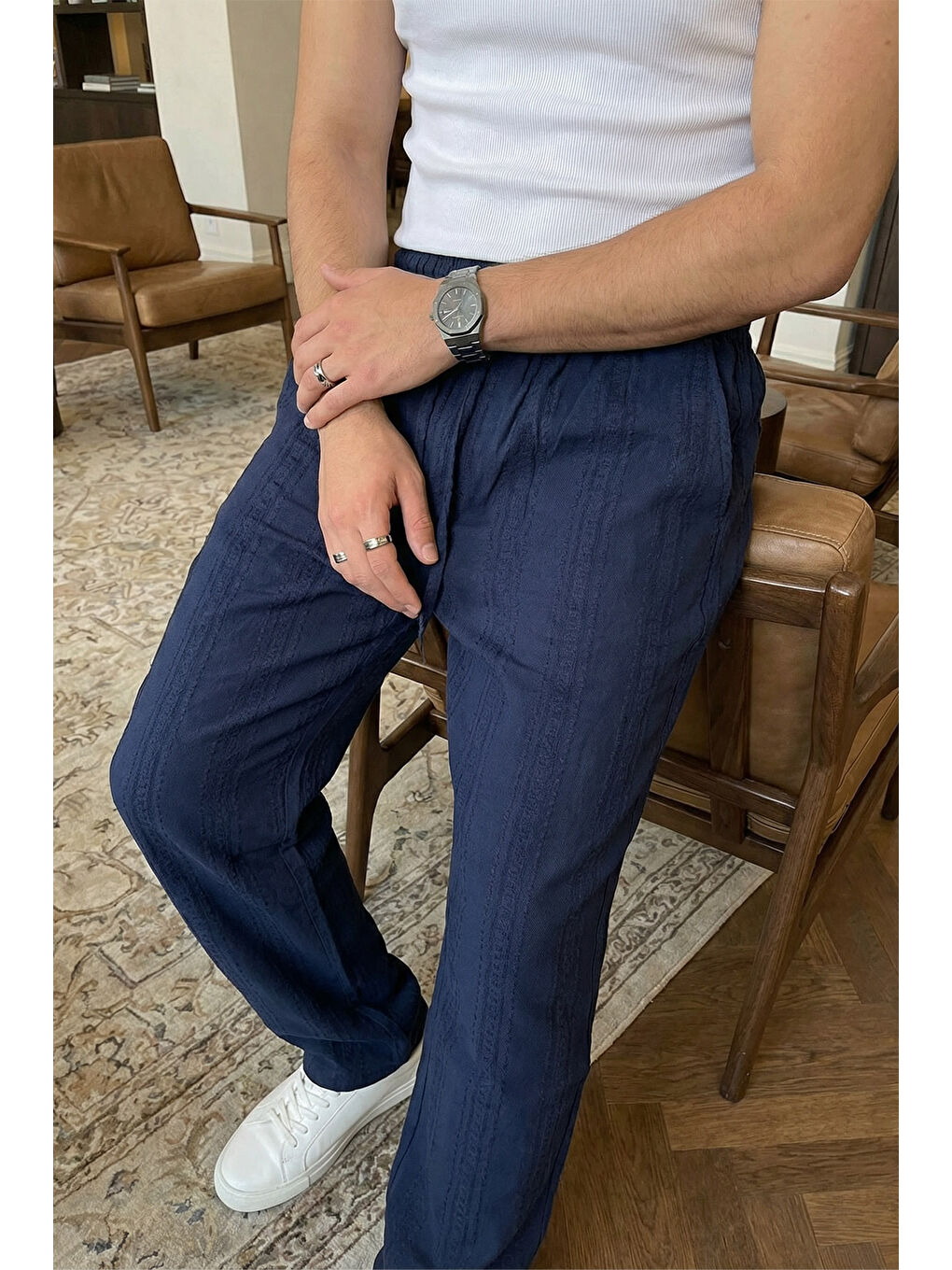 Lacivert Bunga Desenli Keten Görünümlü Lastikli Erkek Pantolon-1