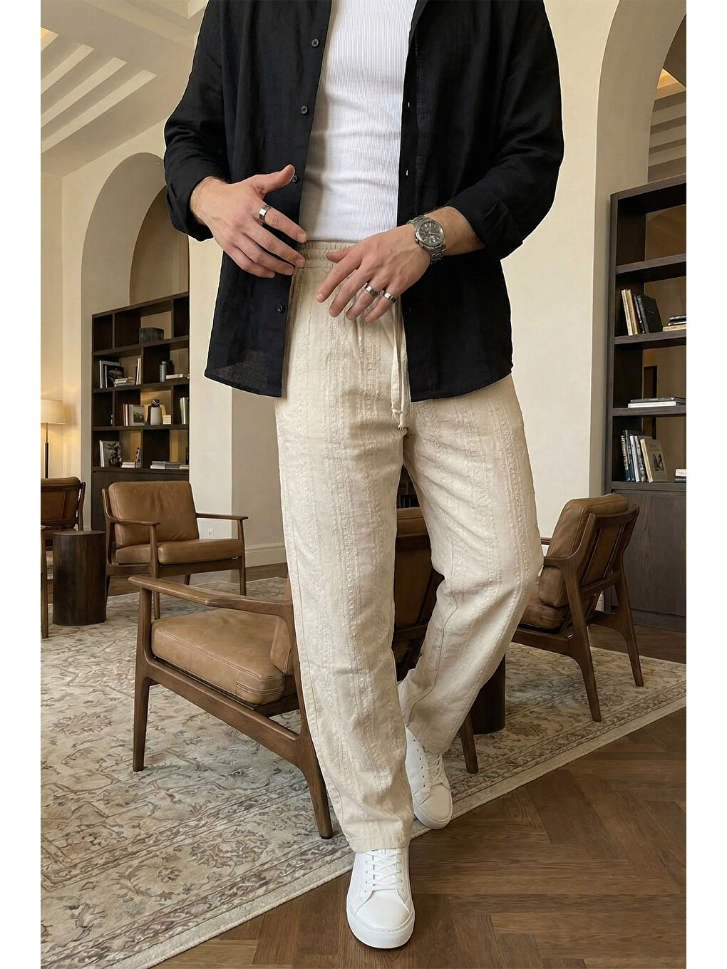 Bej Bunga Desenli Keten Görünümlü Lastikli Erkek Pantolon-2