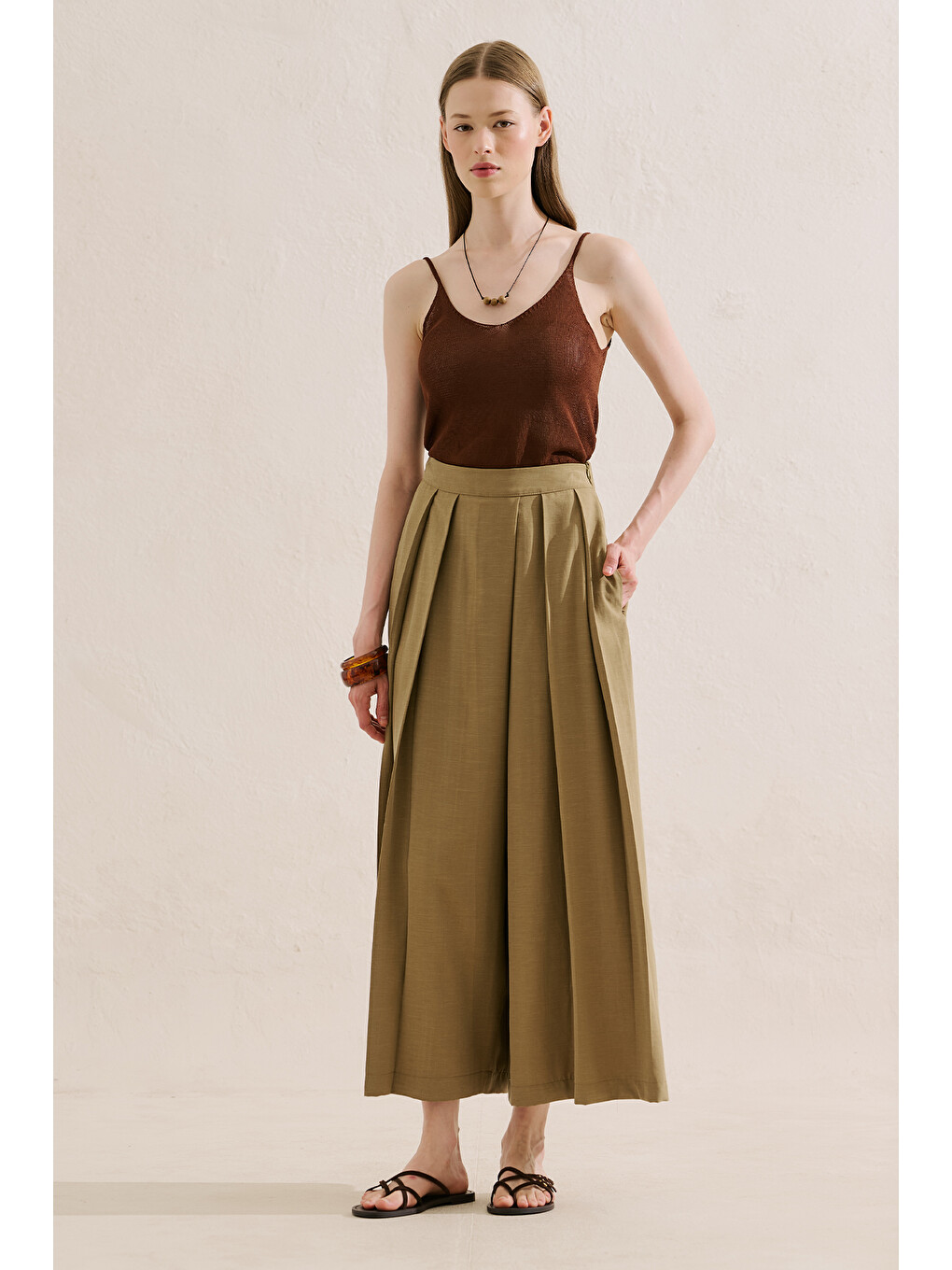 Kahverengi Keten Karışımlı Naturel Etek Pantolon Camel-1