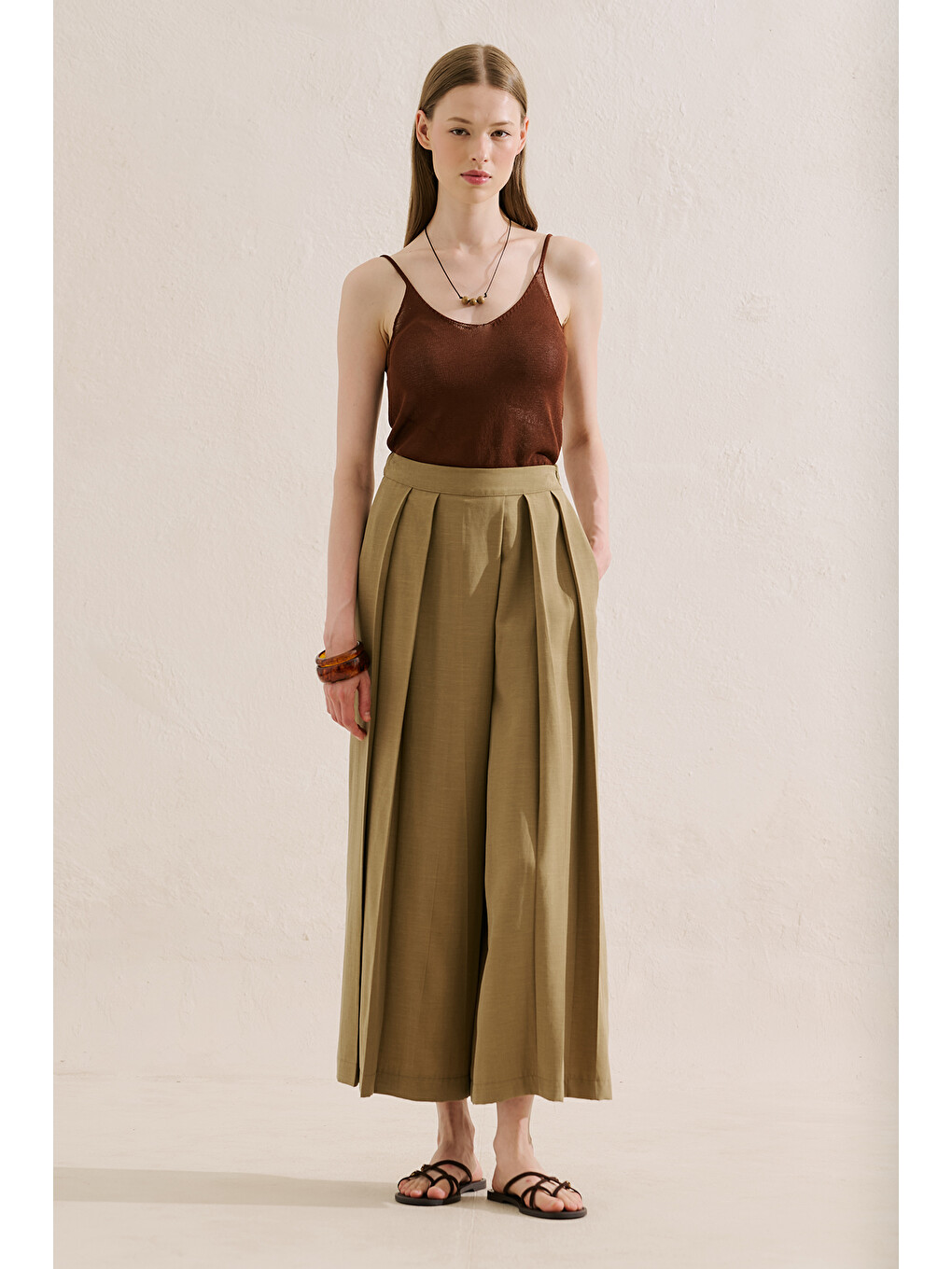 Kahverengi Keten Karışımlı Naturel Etek Pantolon Camel-2