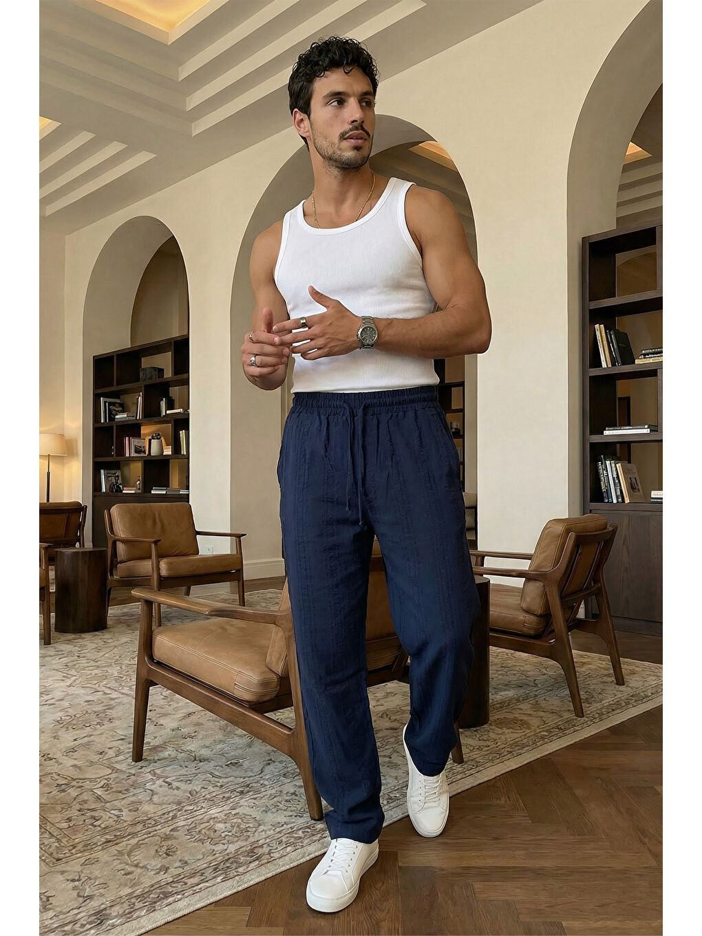 Lacivert Bunga Desenli Keten Görünümlü Lastikli Erkek Pantolon-2