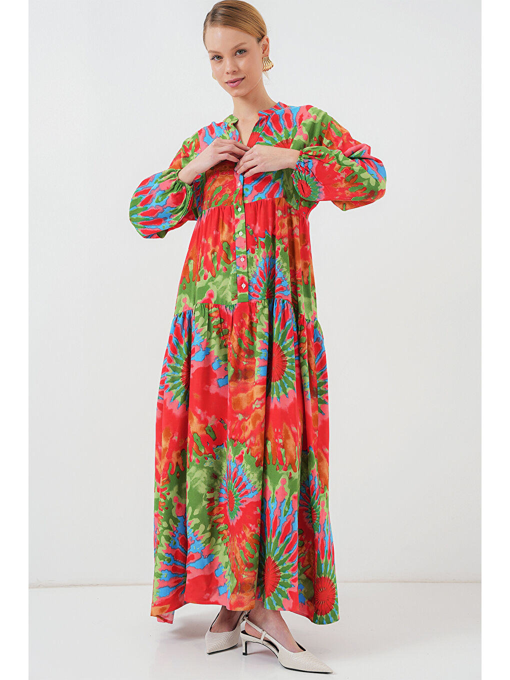 2423 Otantik Desenli Tesettür Elbise - L. Kırmızı-1