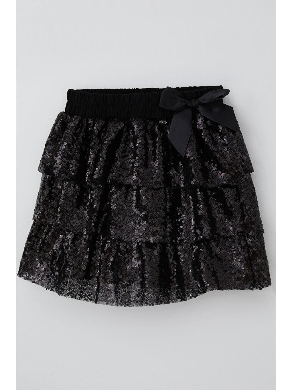 Kız Çocuk Etek Kat Kat Pul Payetli Fiyonk Aksesuarlı Siyah (5-10 Yaş)-3