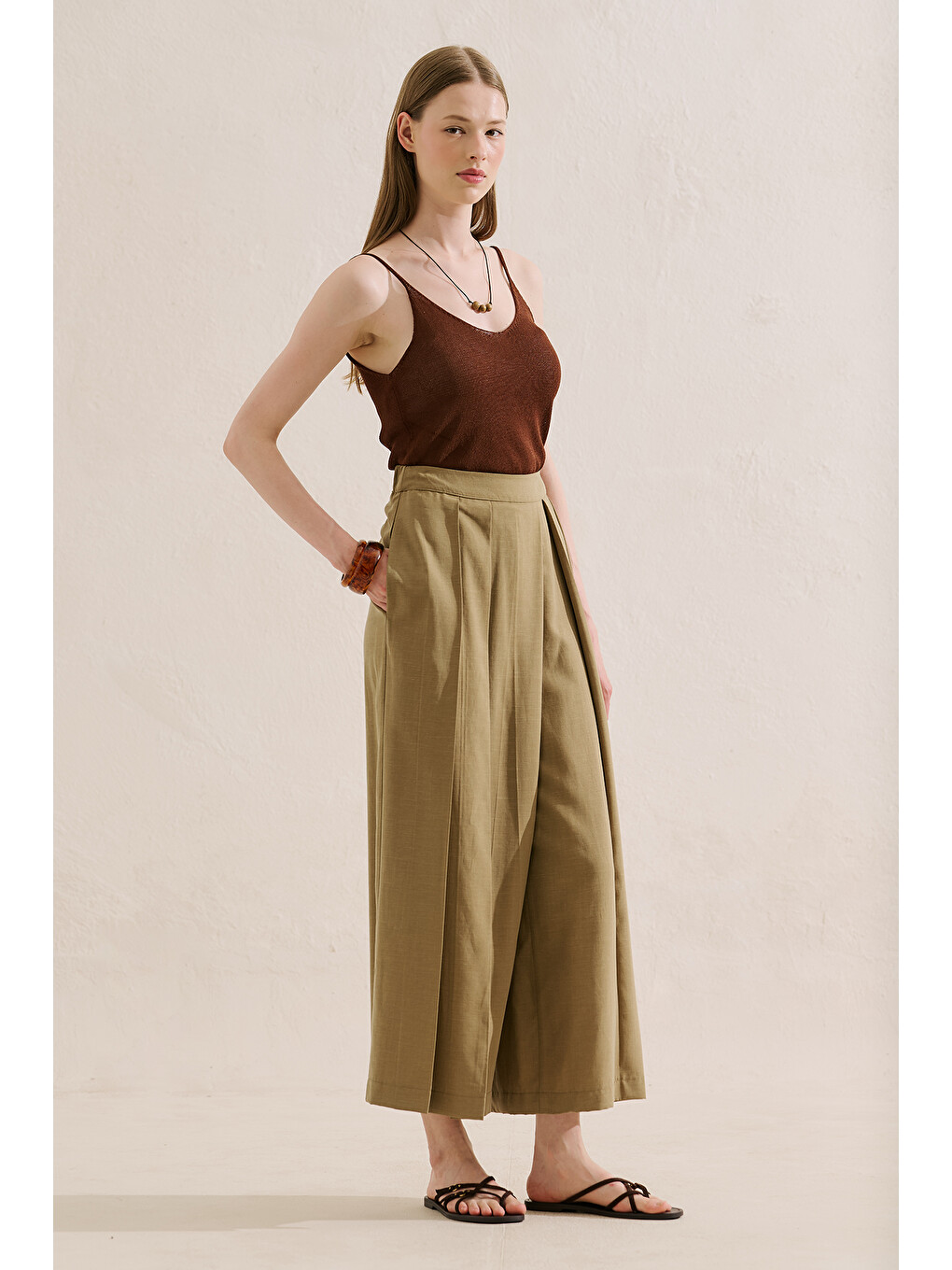 Kahverengi Keten Karışımlı Naturel Etek Pantolon Camel-3