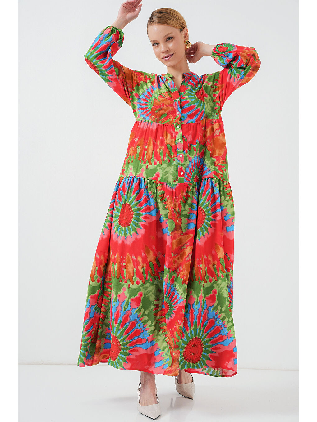 2423 Otantik Desenli Tesettür Elbise - L. Kırmızı-2