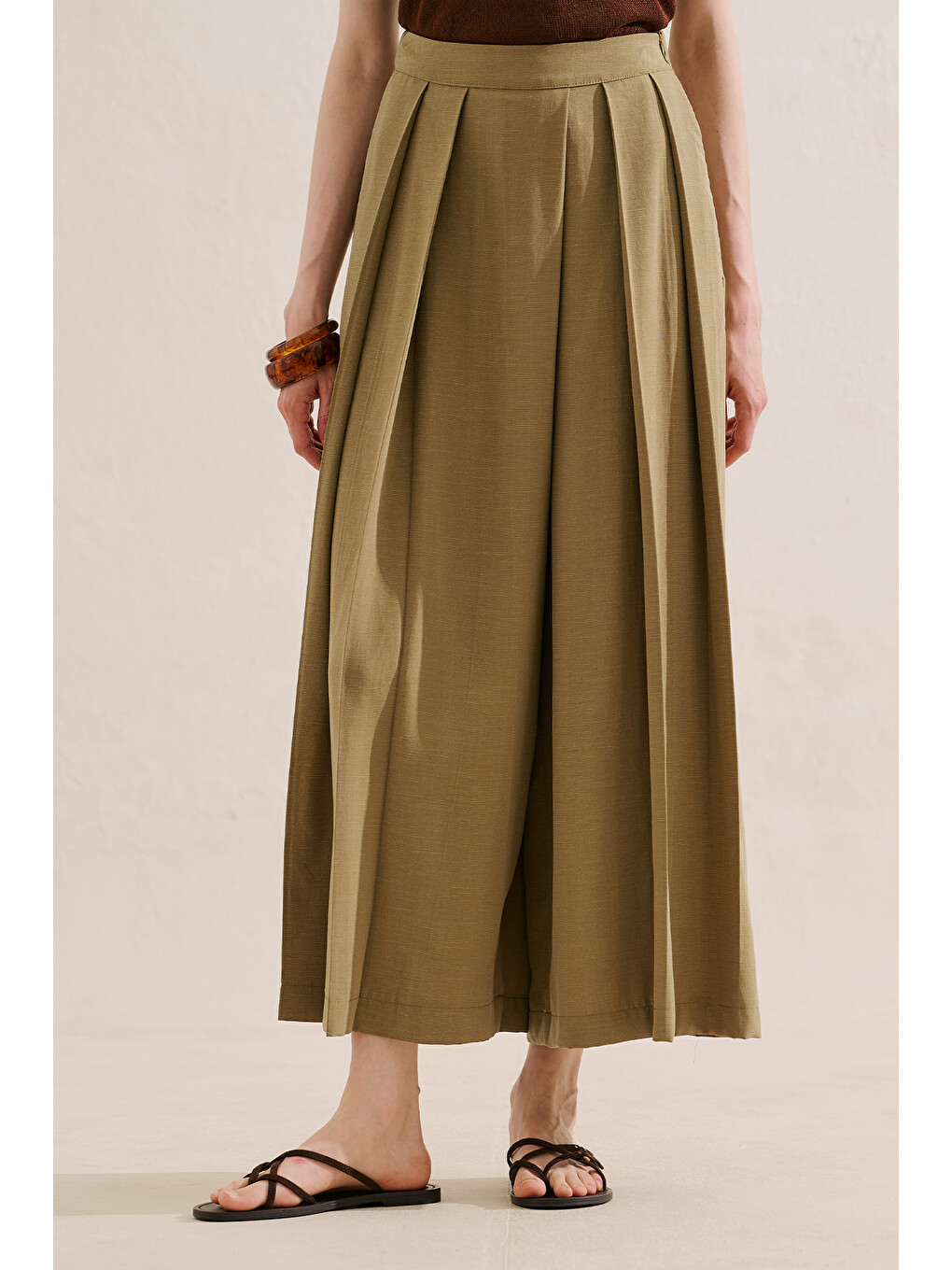 Kahverengi Keten Karışımlı Naturel Etek Pantolon Camel-4