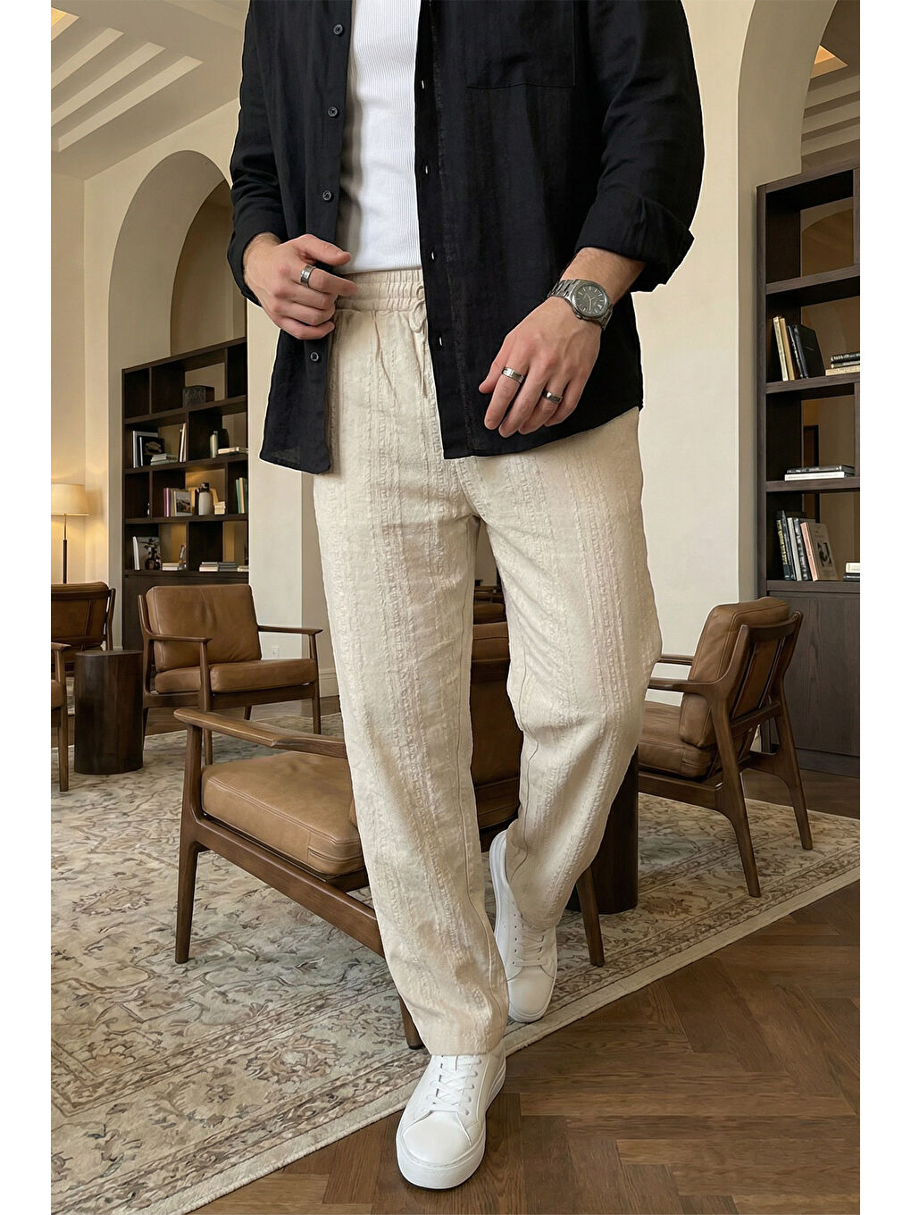 Bej Bunga Desenli Keten Görünümlü Lastikli Erkek Pantolon-3