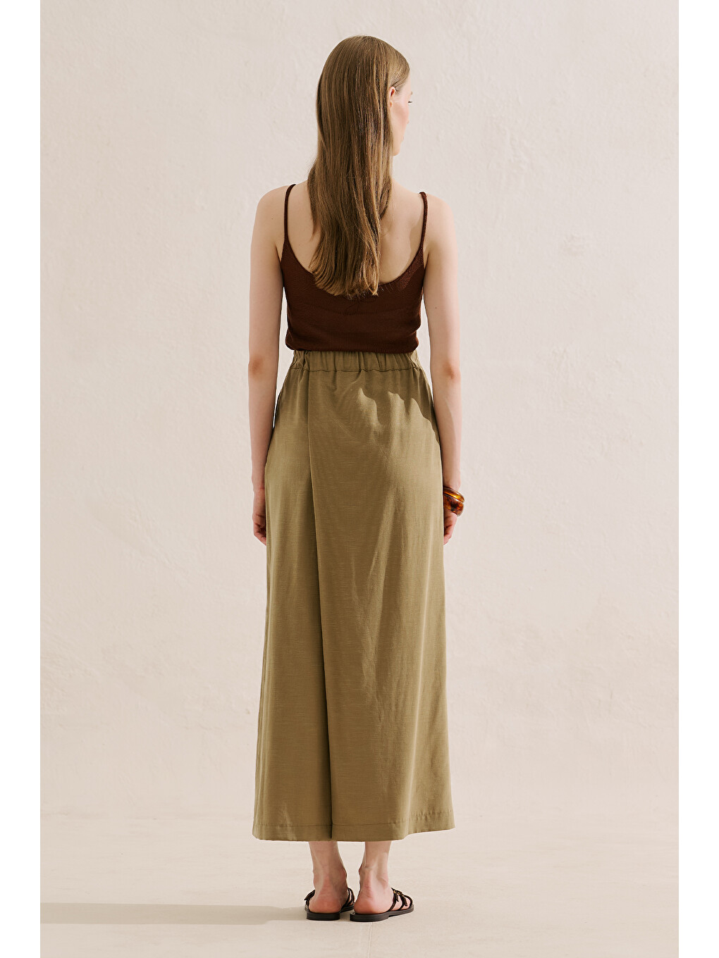 Kahverengi Keten Karışımlı Naturel Etek Pantolon Camel-5