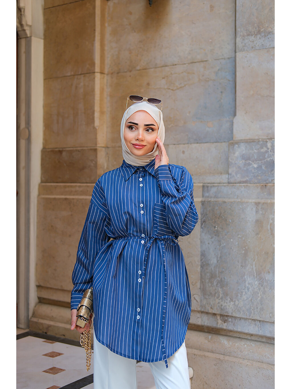Kadın Çizgili Gömlek Lacivert-3