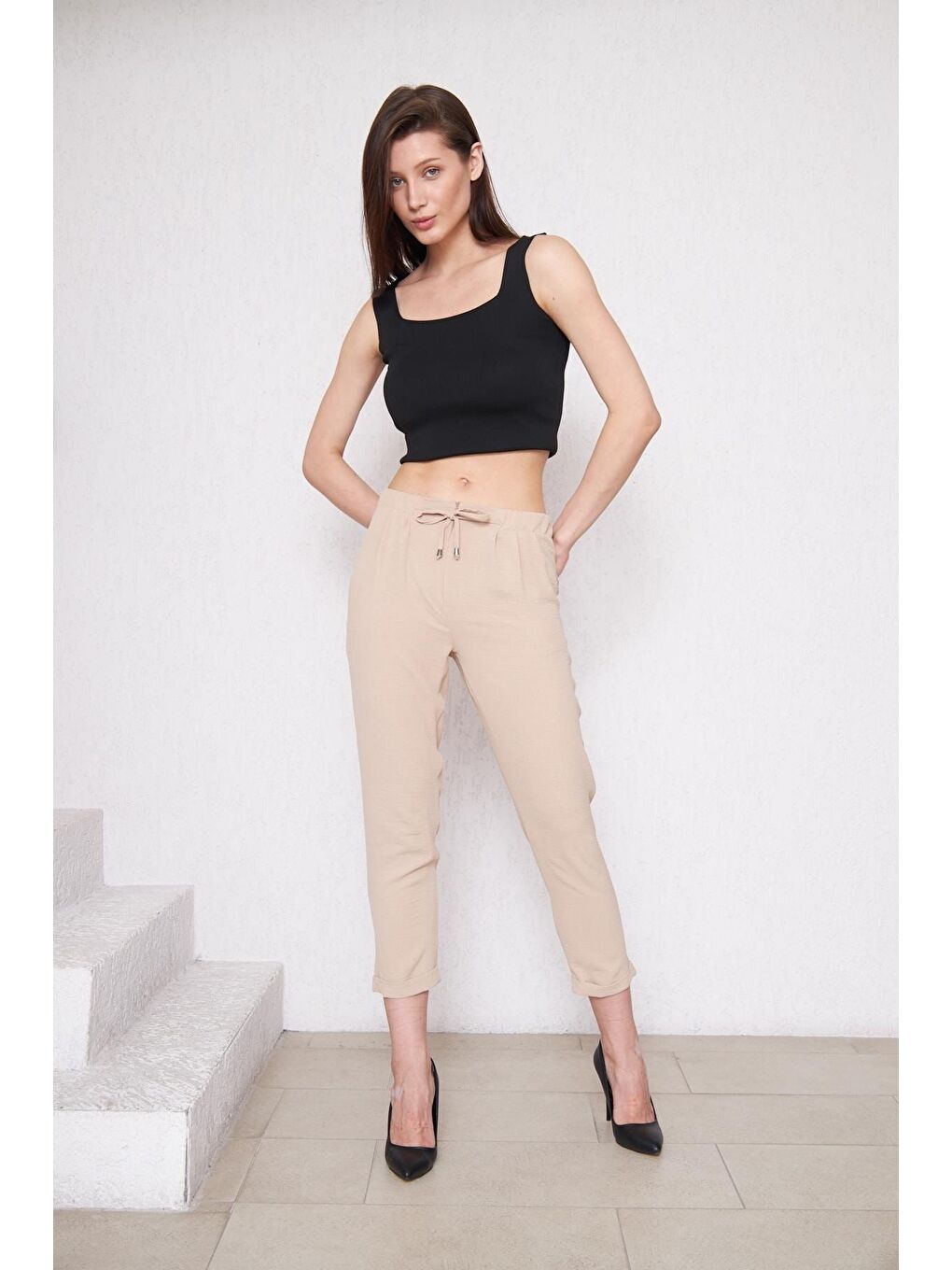 Kadın Beli Lastikli Aerobin Duble Paça Bej Pantolon