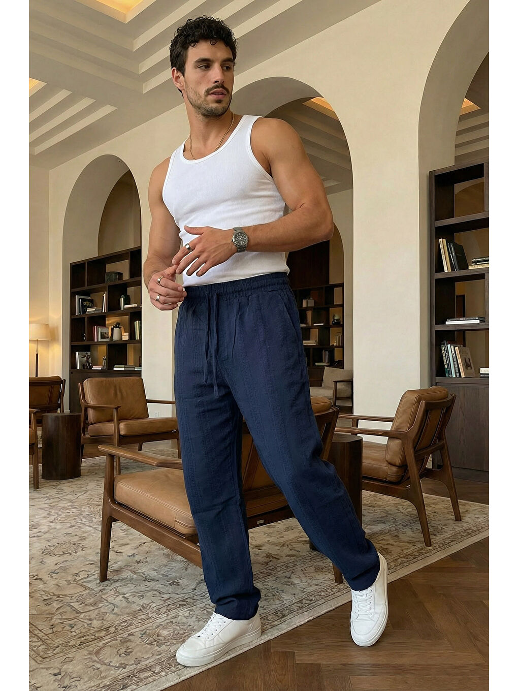 Lacivert Bunga Desenli Keten Görünümlü Lastikli Erkek Pantolon-3