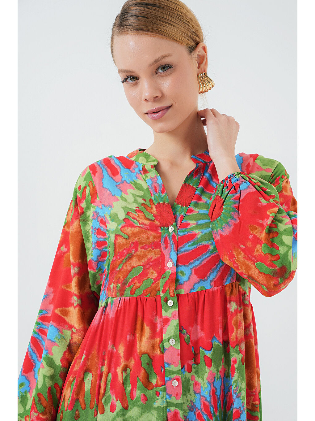 2423 Otantik Desenli Tesettür Elbise - L. Kırmızı-3